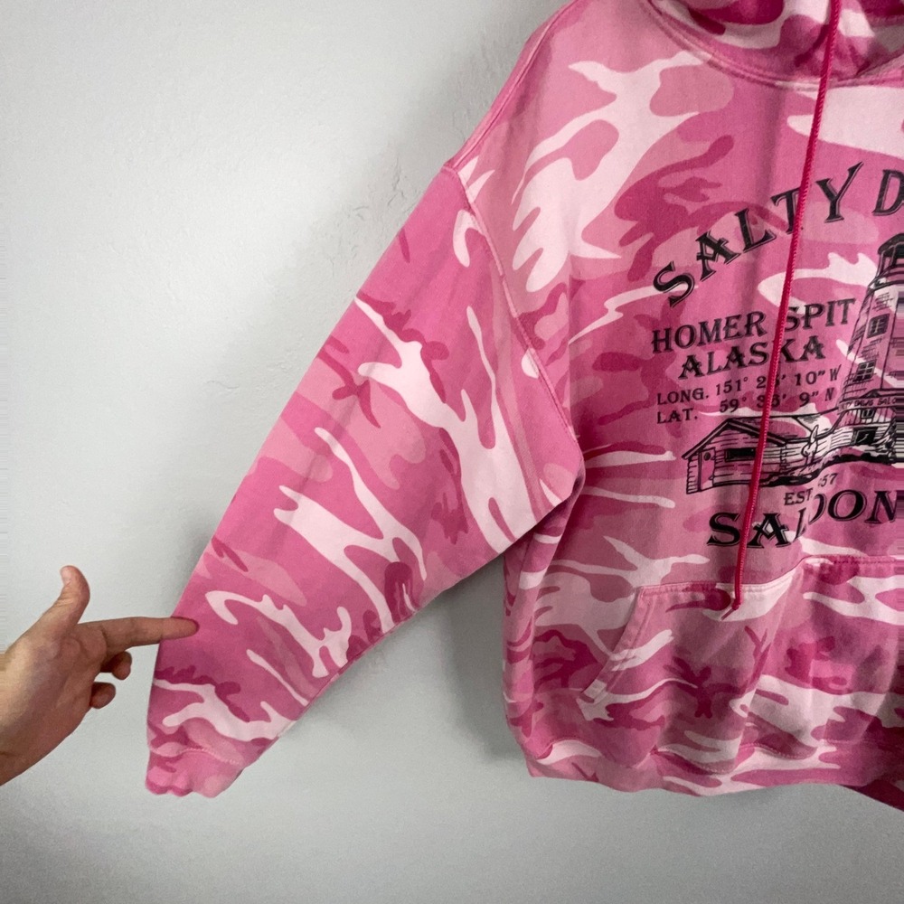 Salty Dawg Saloon Homer Spit Alaska Hoodie Women L Pink Camo Sweater Brewery AK - Picture 4 of 12